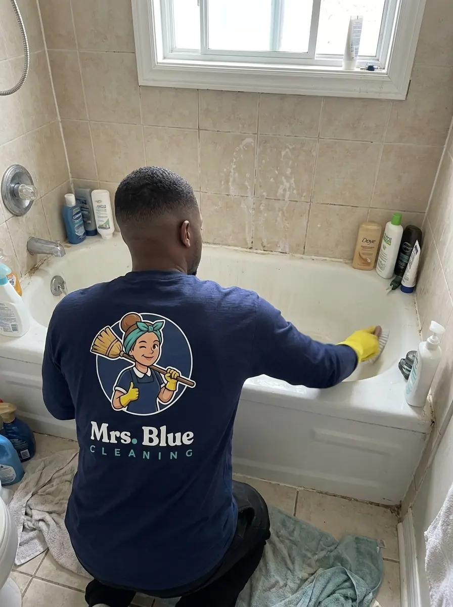 A Mrs. Blue cleaner at work in a bathroom