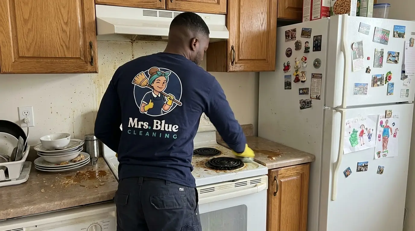 A Mrs. Blue cleaner, seen from behind with the logo on his shirt, scrubbing a greasy stovetop