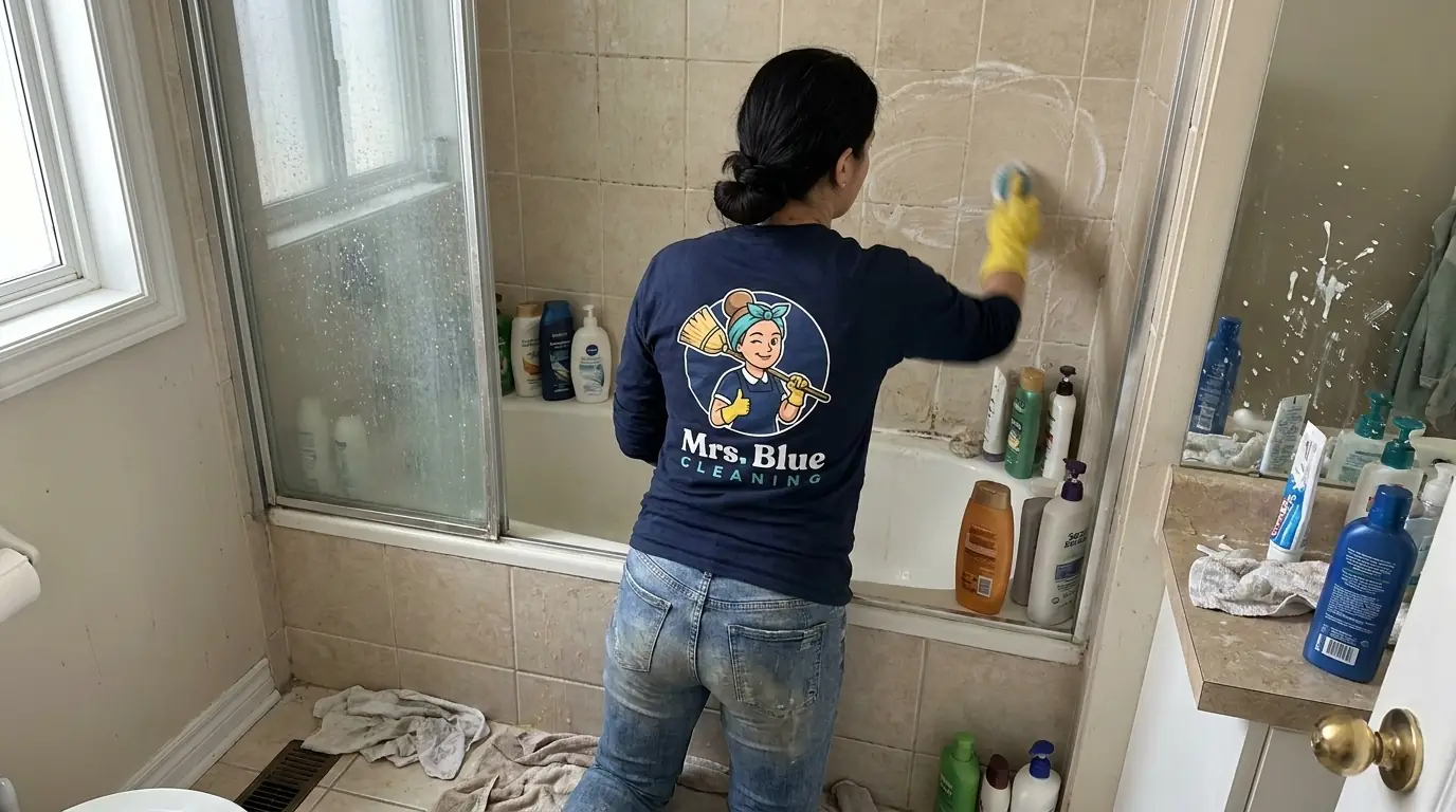 A Mrs. Blue cleaner scrubbing soap scum off bathtub tiles