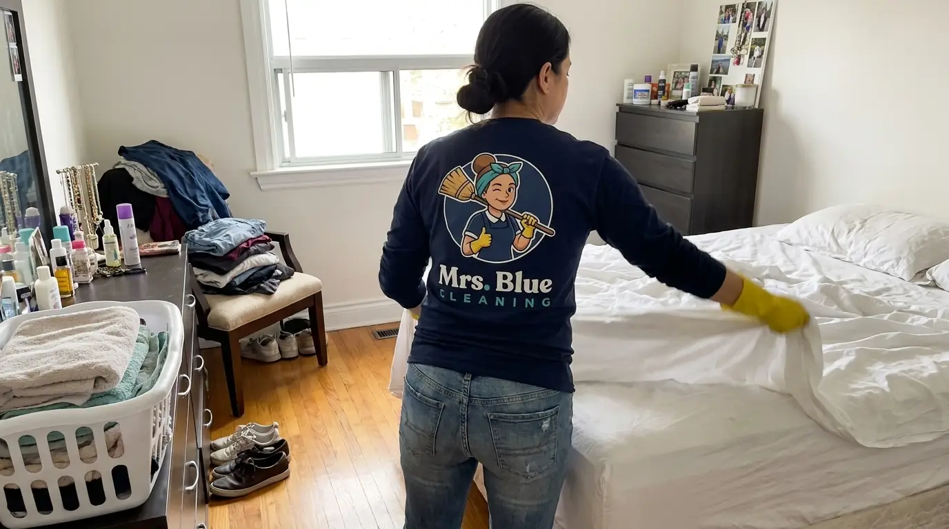 A Mrs. Blue cleaner stripping the sheets off a bed