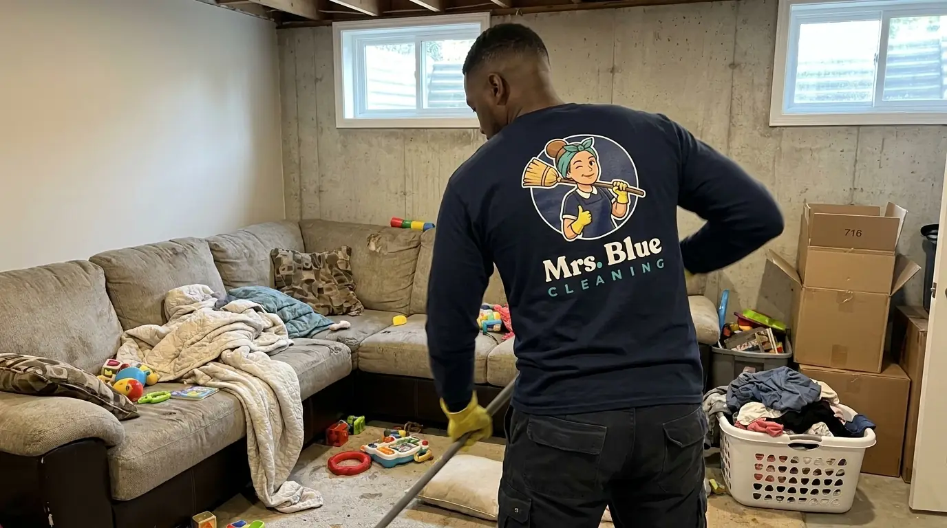 A Mrs. Blue cleaner mopping a basement floor