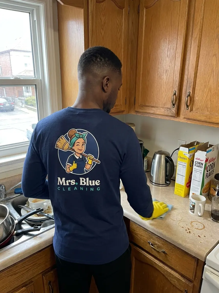 A Mrs. Blue cleaner wiping a kitchen counter