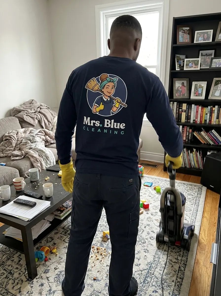A Mrs. Blue cleaner at work in a living room