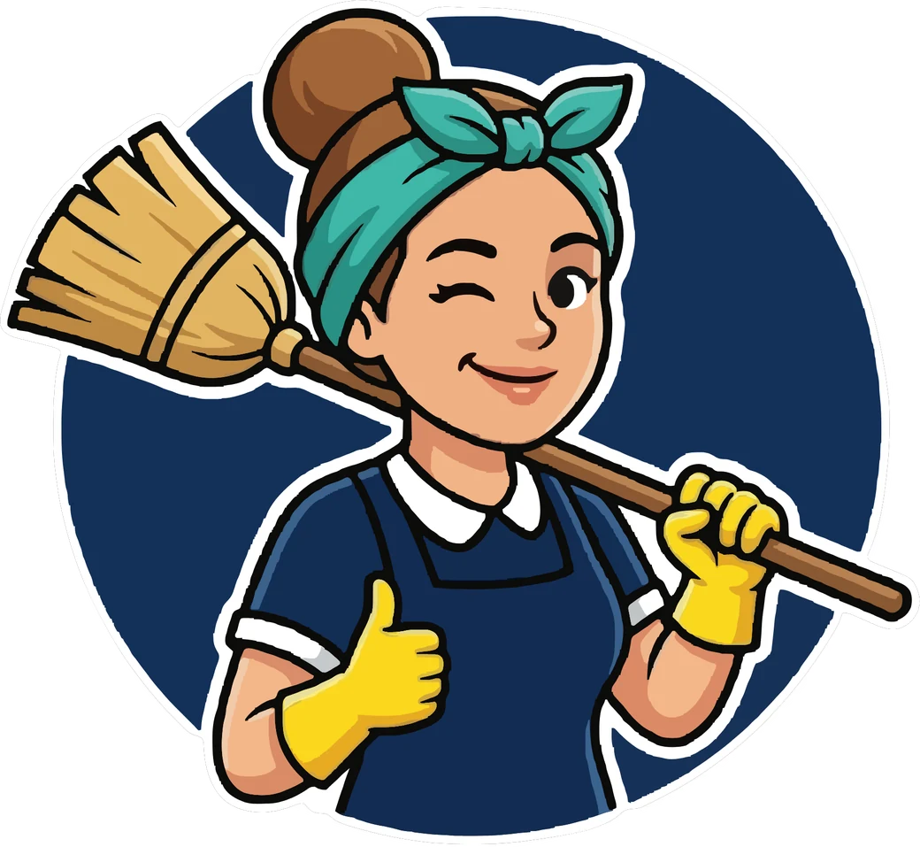 The Mrs. Blue mascot: a winking cleaner in a teal headscarf with a broom over her shoulder